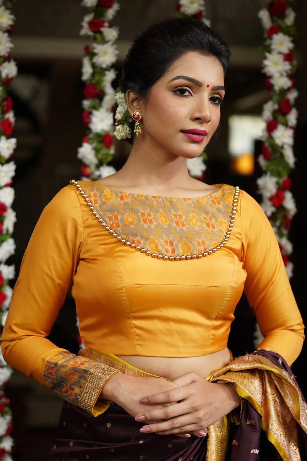 Mustard silk boatneck  blouse with pure rawsilk ikkat yoke