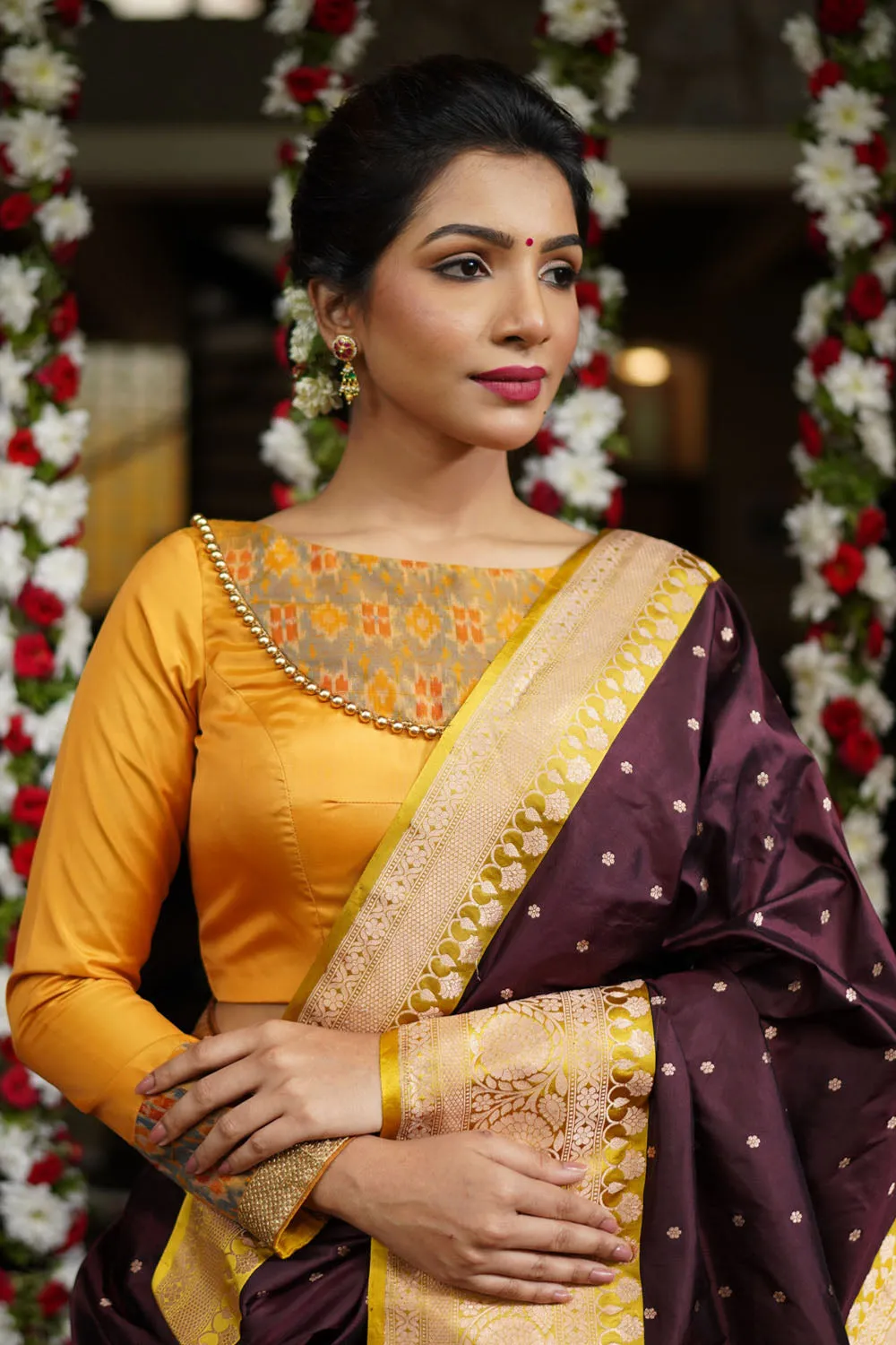 Mustard silk boatneck  blouse with pure rawsilk ikkat yoke