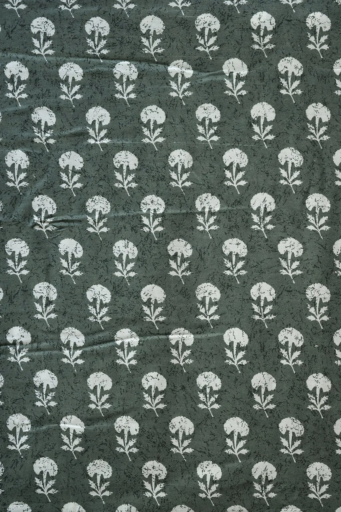 Olive And White Small Floral Pattern Screen Print On Pure Muslin Silk Fabric