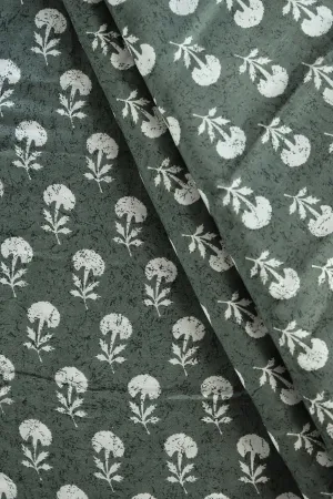 Olive And White Small Floral Pattern Screen Print On Pure Muslin Silk Fabric