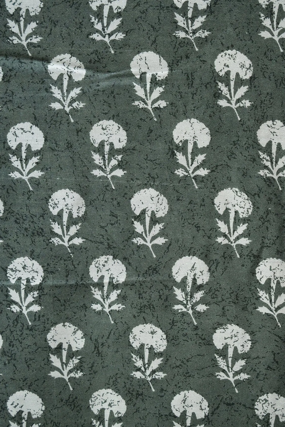 Olive And White Small Floral Pattern Screen Print On Pure Muslin Silk Fabric