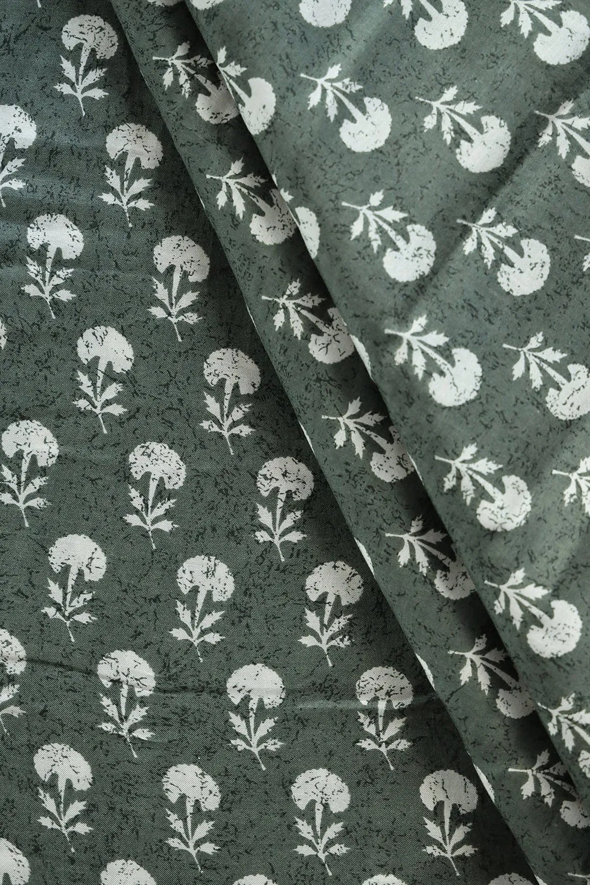 Olive And White Small Floral Pattern Screen Print On Pure Muslin Silk Fabric