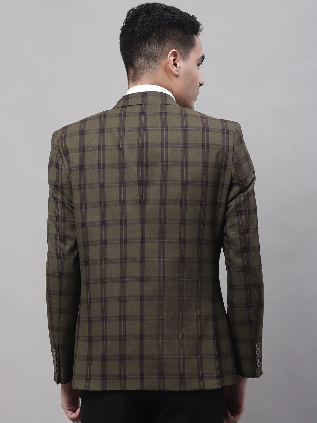 Olive Checkered Full Sleeves Formal Blazer For Men