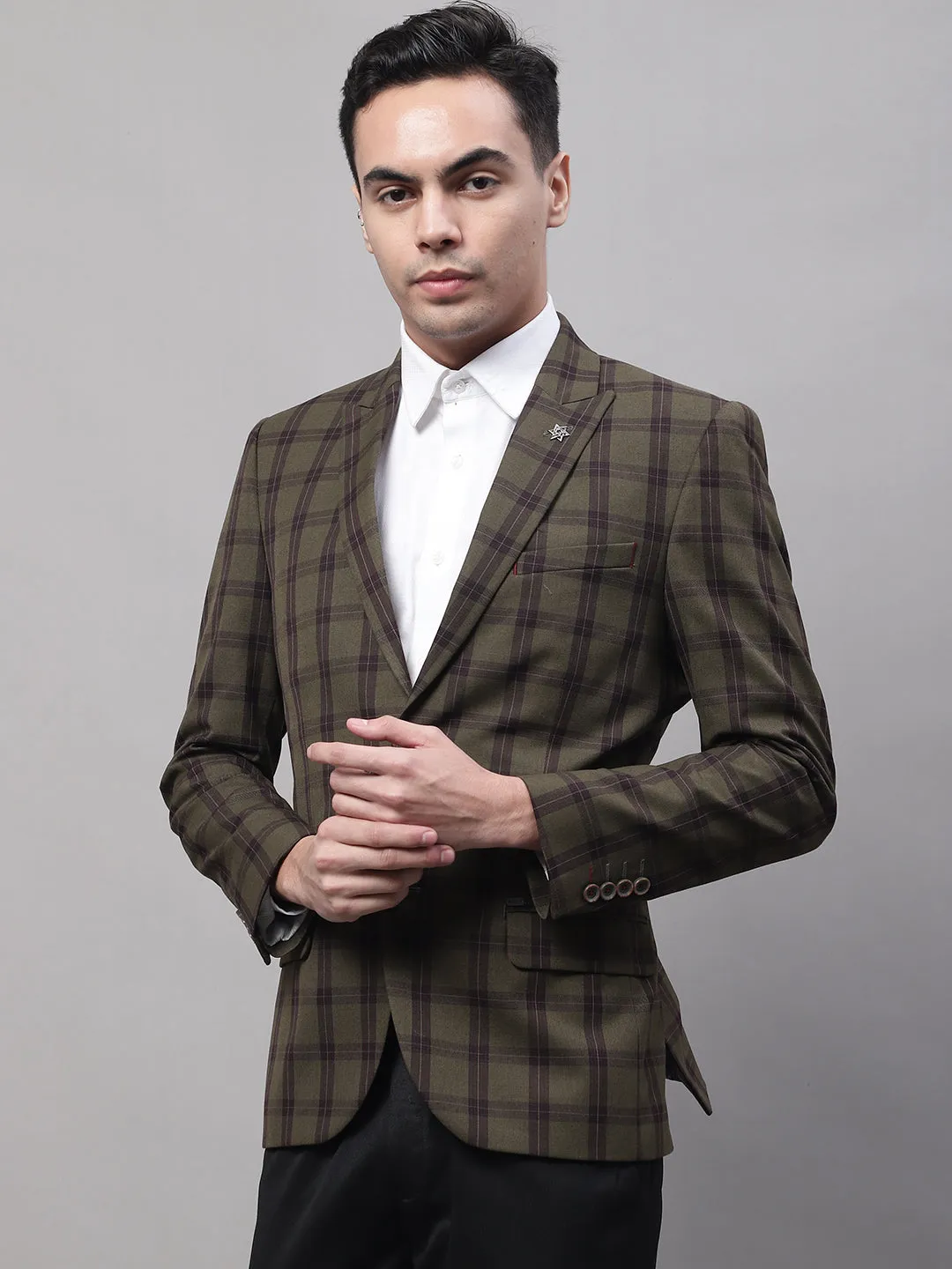 Olive Checkered Full Sleeves Formal Blazer For Men