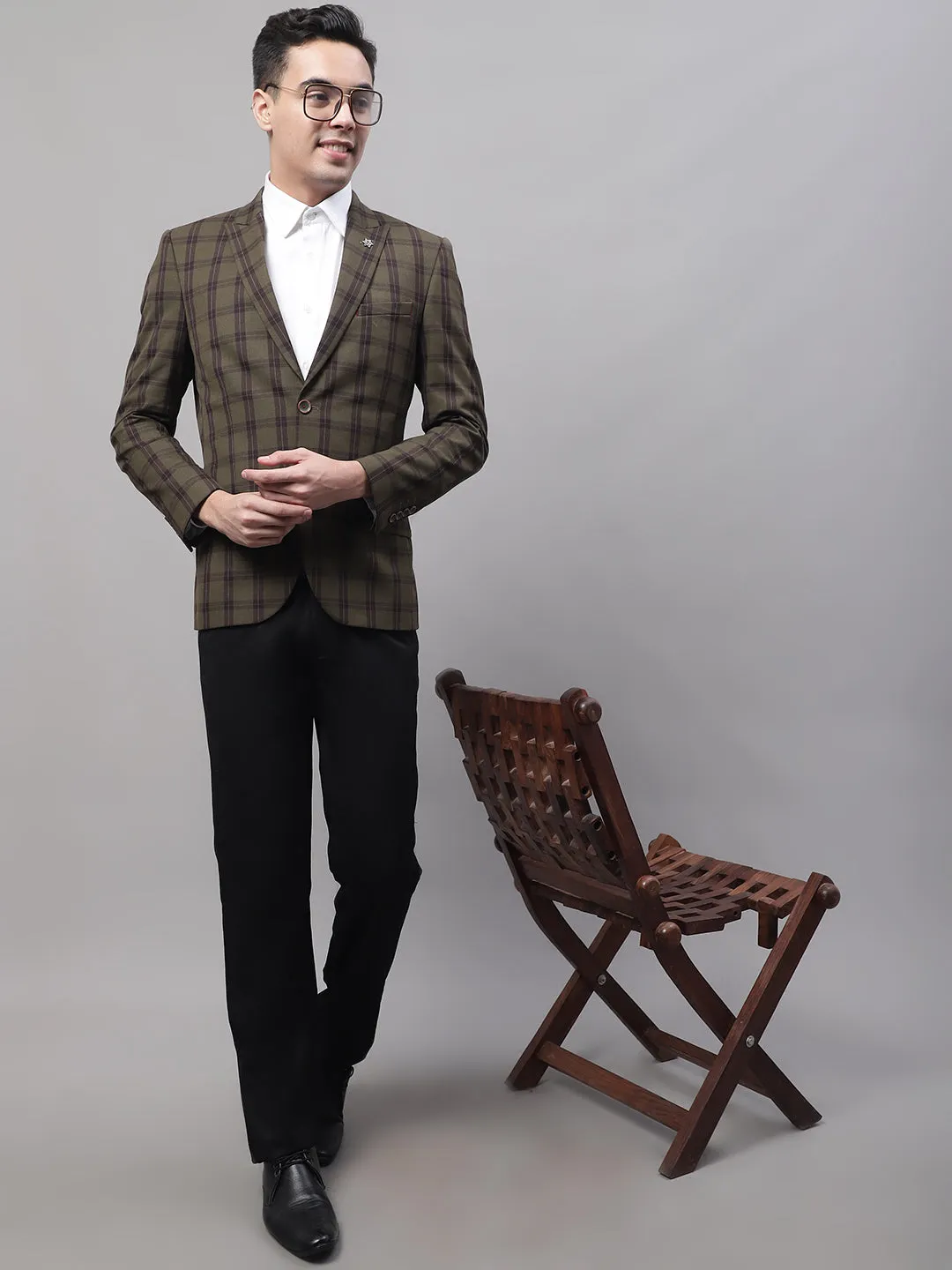 Olive Checkered Full Sleeves Formal Blazer For Men