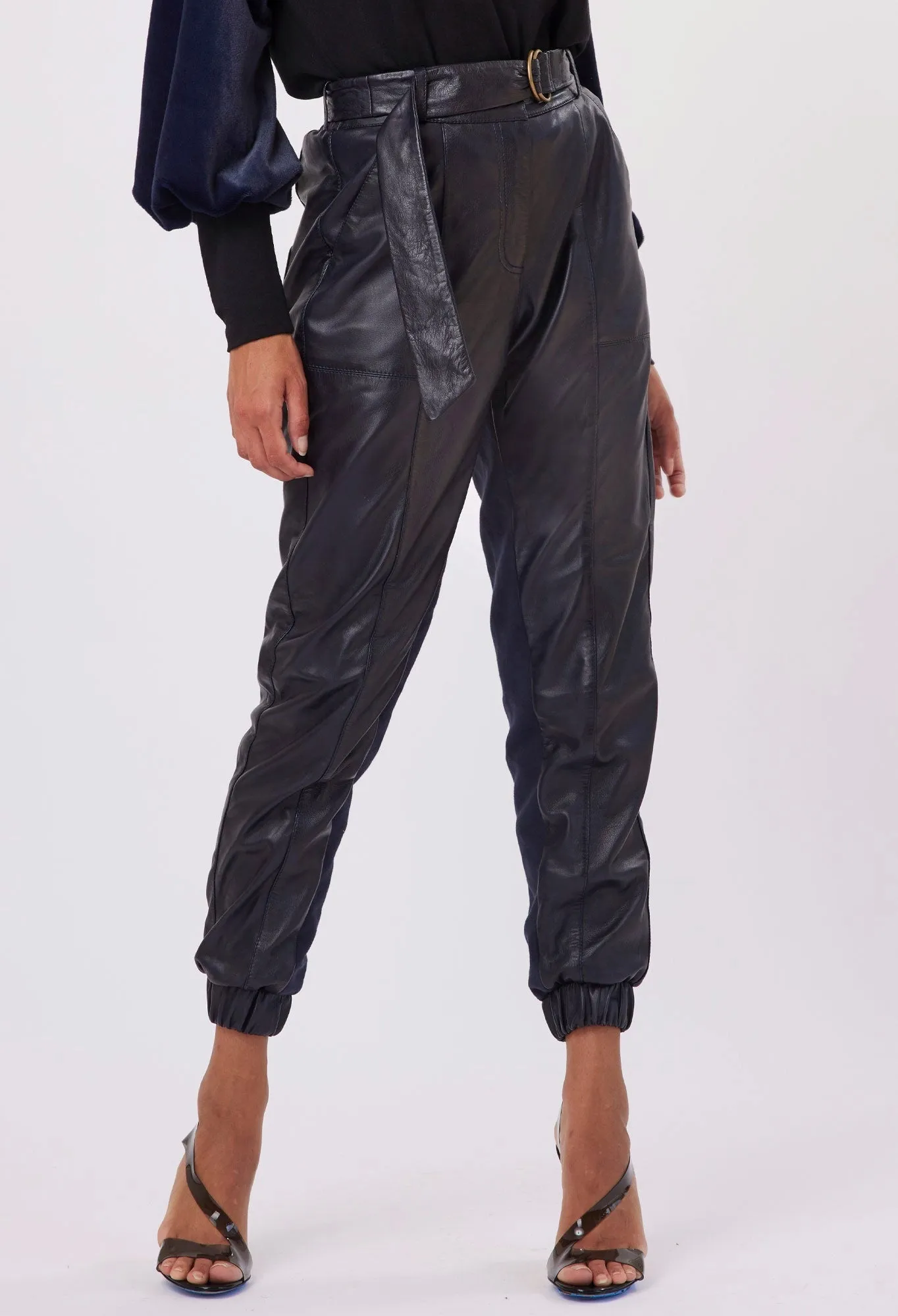 ONCE WAS GROVE HIGH WAIST LEATHER PANT WITH D-RING BELT IN MIDNIGHT