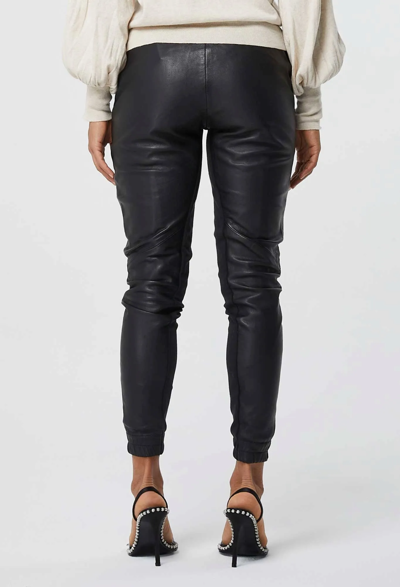 ONCE WAS MONTAIGNE RELAXED LEATHER PANT WITH ELASTIC CUFF IN BLACK