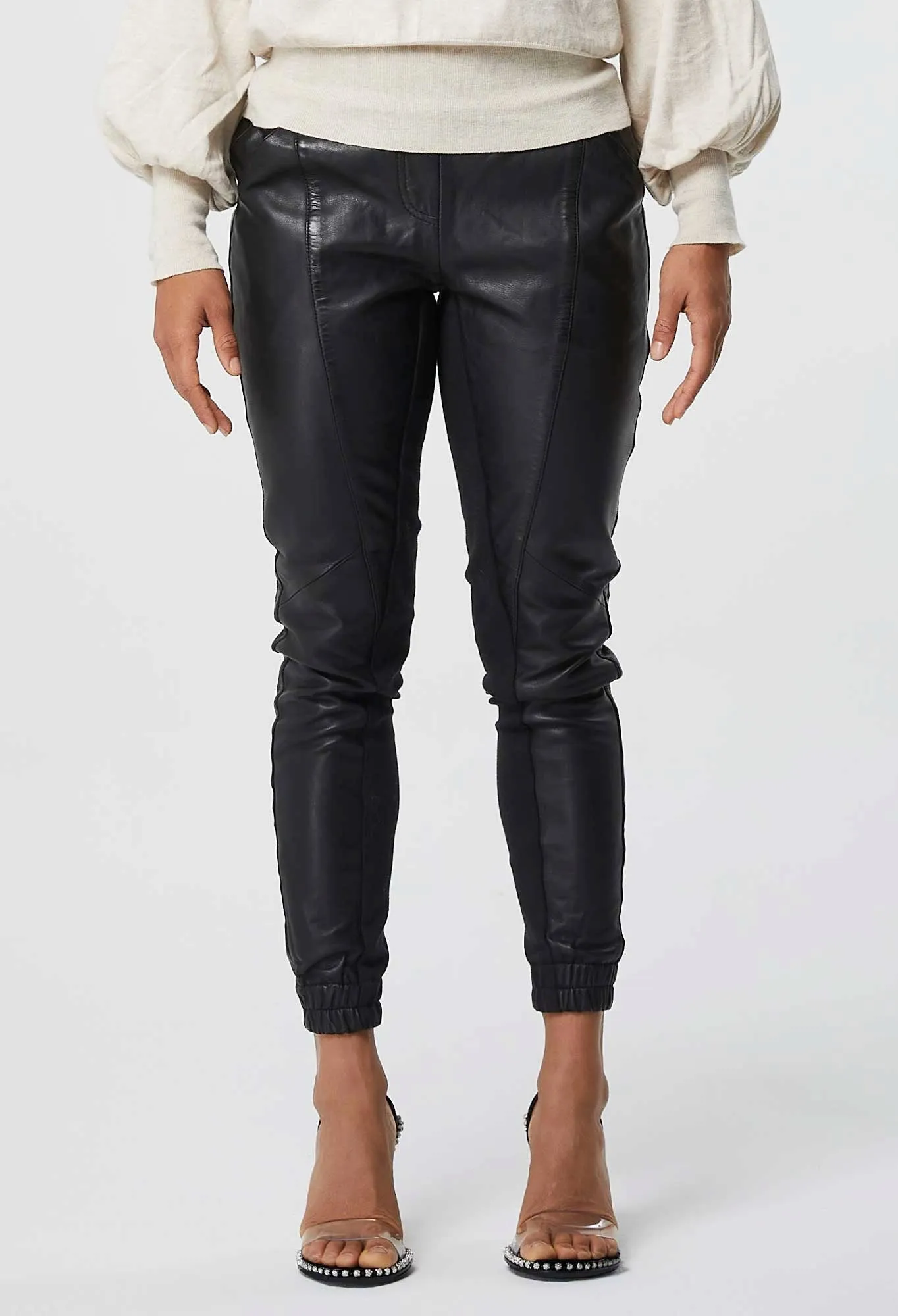 ONCE WAS MONTAIGNE RELAXED LEATHER PANT WITH ELASTIC CUFF IN BLACK