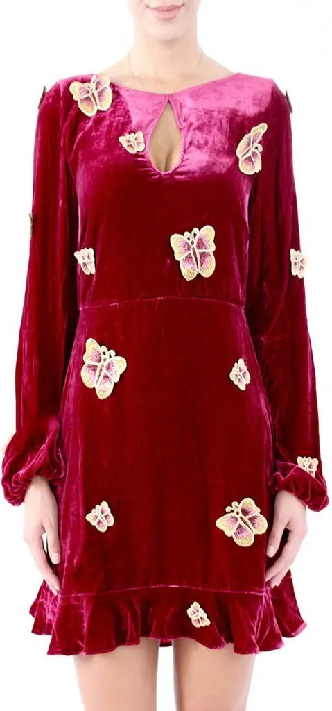 'Papillon' Butterfly-Appliques Mini Dress, Wine Red