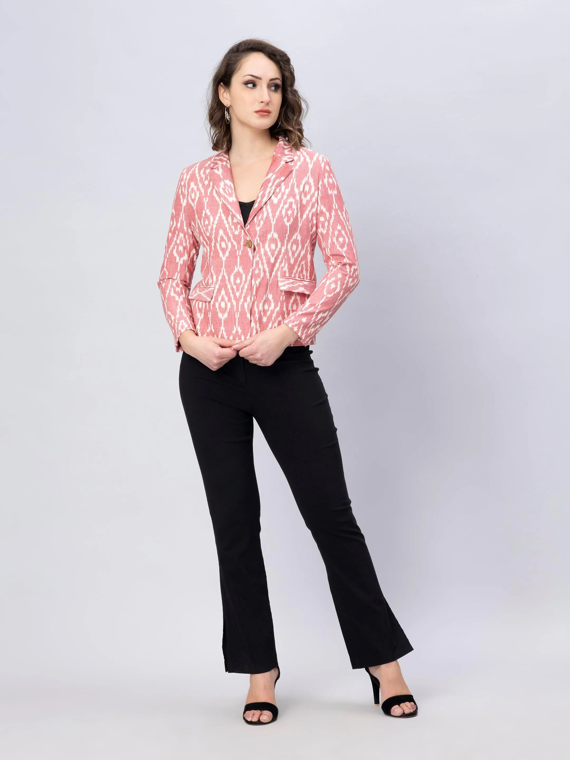 Pink Woven Ikkat Blazer In Pure Cotton