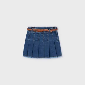 Pleated Denim Skirt with Belt