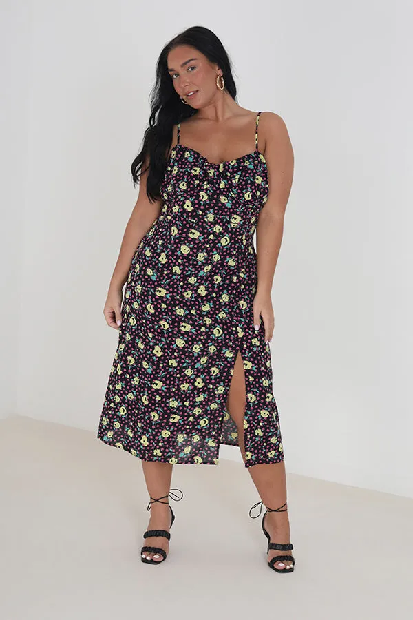 PLUS SIZE FLORAL STRAPPY MIDI DRESS WITH SIDE SPLIT