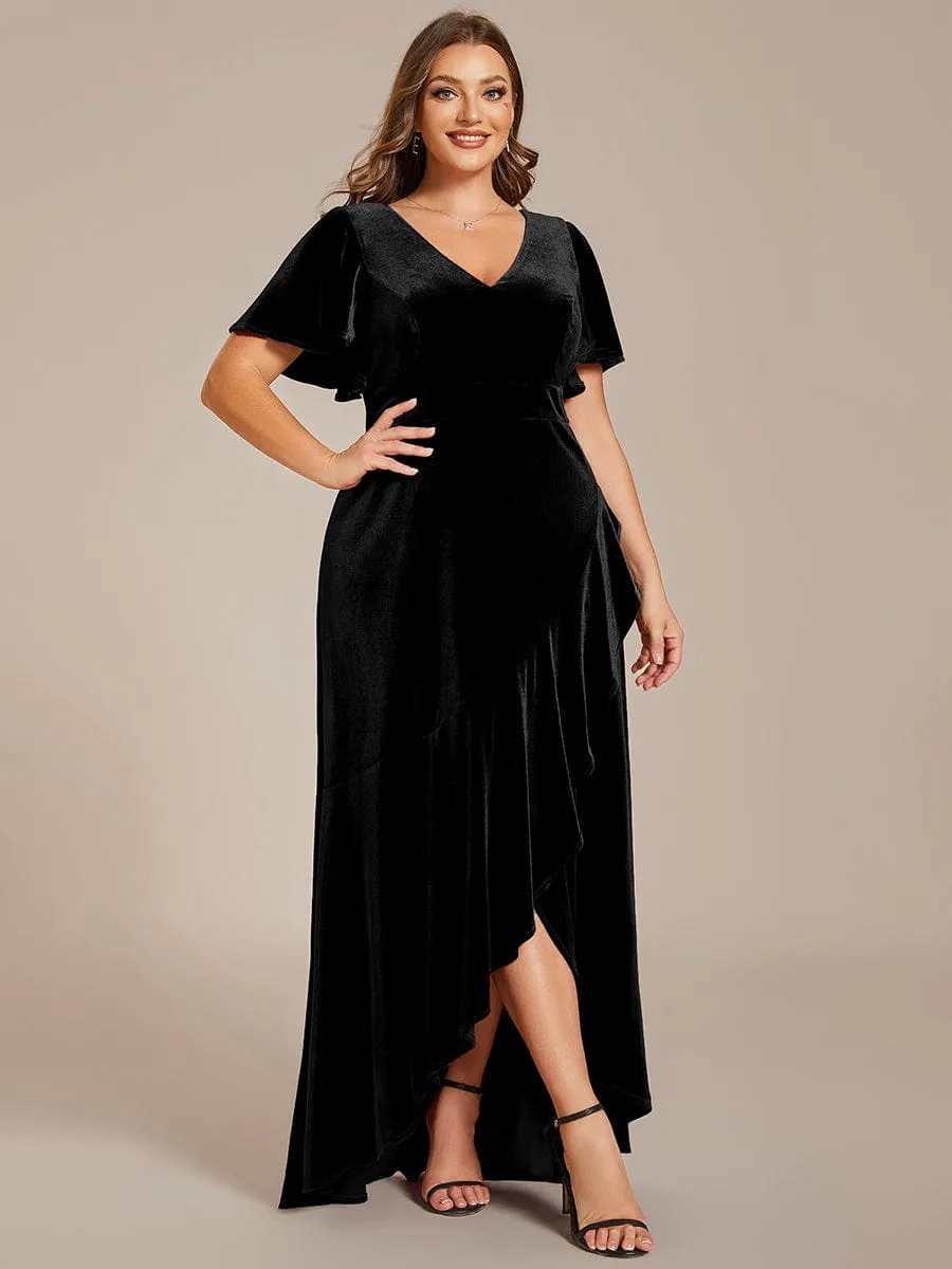 Plus Size Lotus Leaf Hem A-Line V-Neck Ruffles Sleeve Velvet Evening Dress