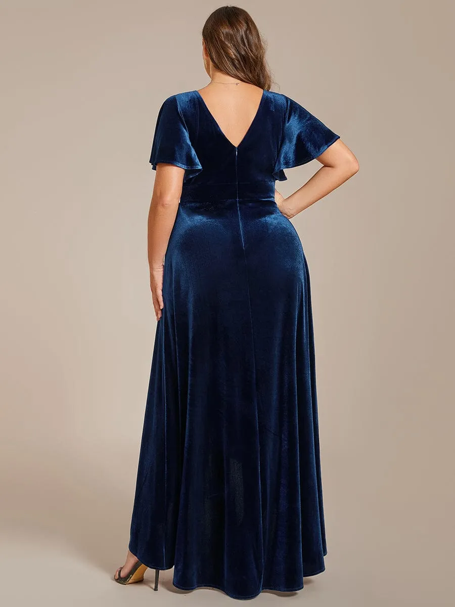 Plus Size Lotus Leaf Hem A-Line V-Neck Ruffles Sleeve Velvet Evening Dress