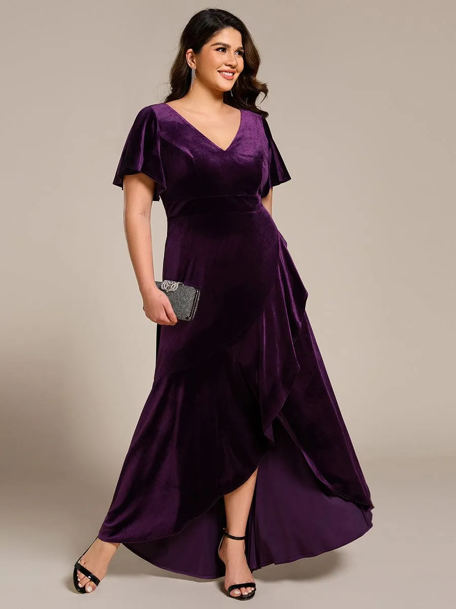 Plus Size Lotus Leaf Hem A-Line V-Neck Ruffles Sleeve Velvet Evening Dress