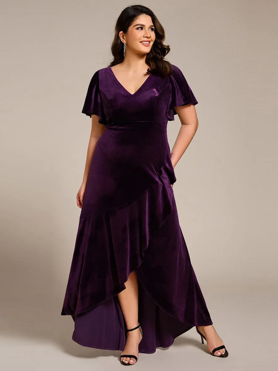 Plus Size Lotus Leaf Hem A-Line V-Neck Ruffles Sleeve Velvet Evening Dress