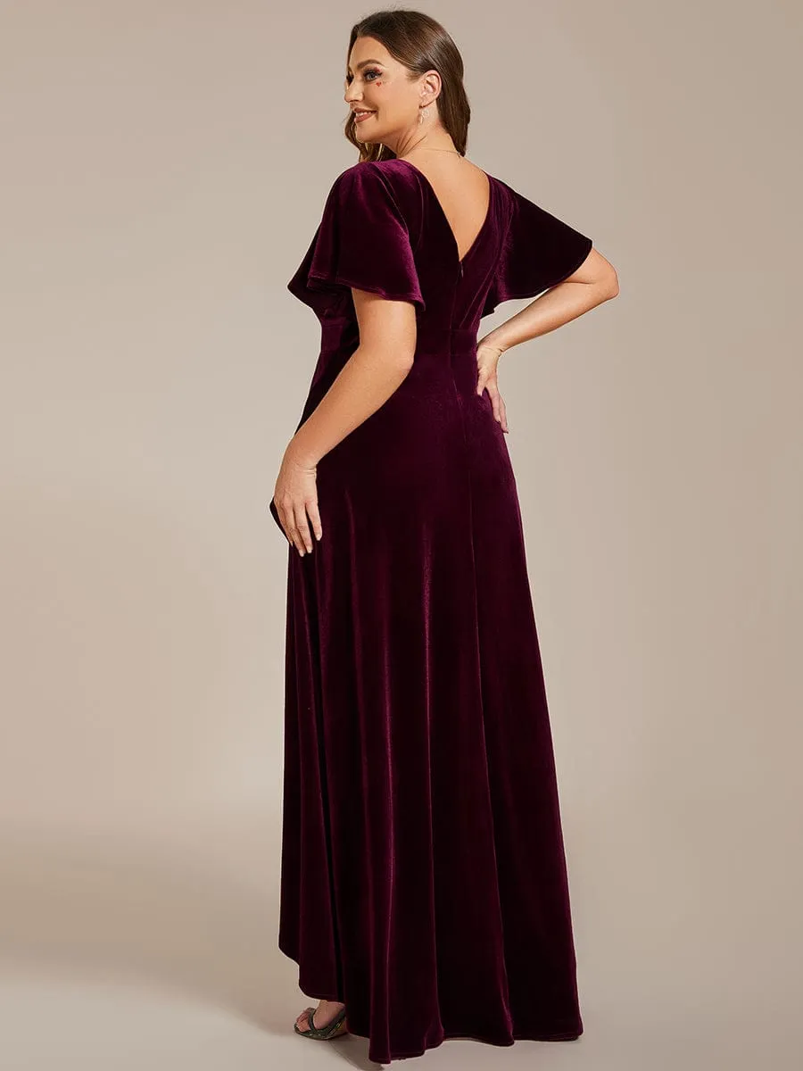 Plus Size Lotus Leaf Hem A-Line V-Neck Ruffles Sleeve Velvet Evening Dress