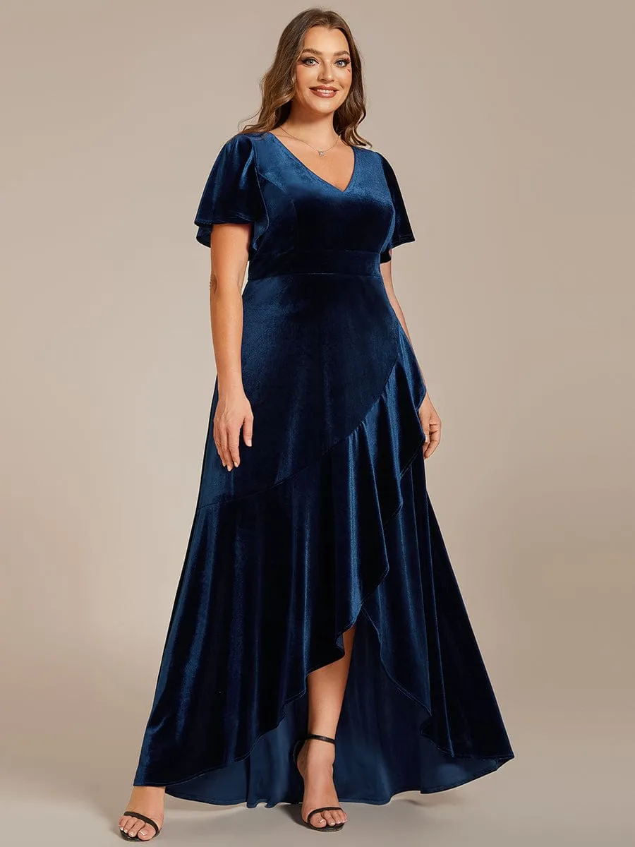 Plus Size Lotus Leaf Hem A-Line V-Neck Ruffles Sleeve Velvet Evening Dress