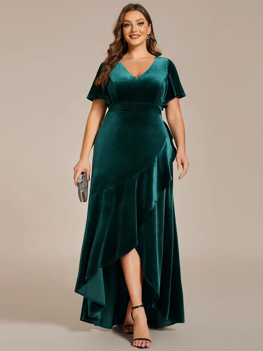 Plus Size Lotus Leaf Hem A-Line V-Neck Ruffles Sleeve Velvet Evening Dress