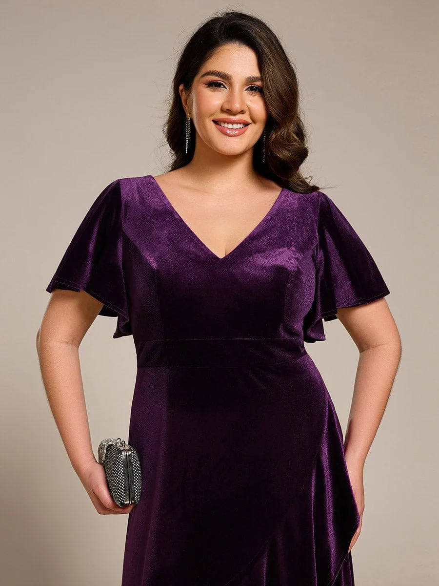 Plus Size Lotus Leaf Hem A-Line V-Neck Ruffles Sleeve Velvet Evening Dress