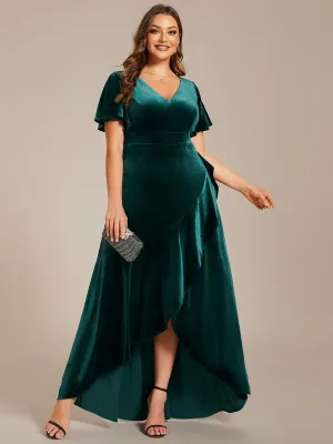 Plus Size Lotus Leaf Hem A-Line V-Neck Ruffles Sleeve Velvet Evening Dress