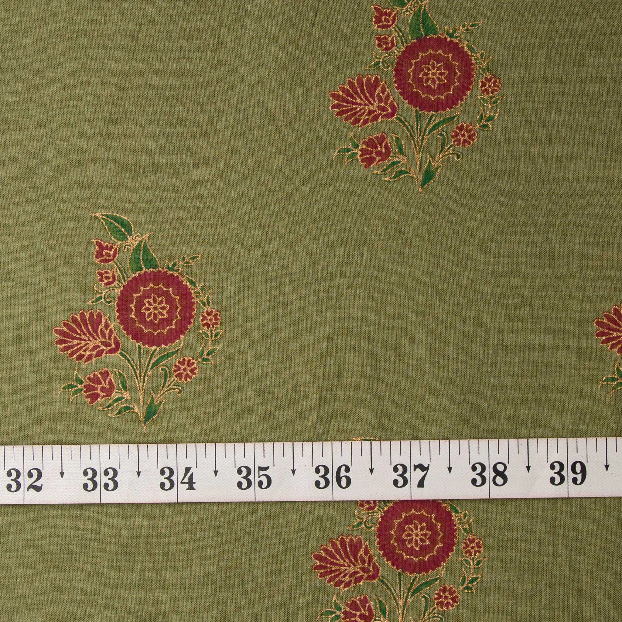 Precut 1meter - Green & Pink Printed Cotton Fabric