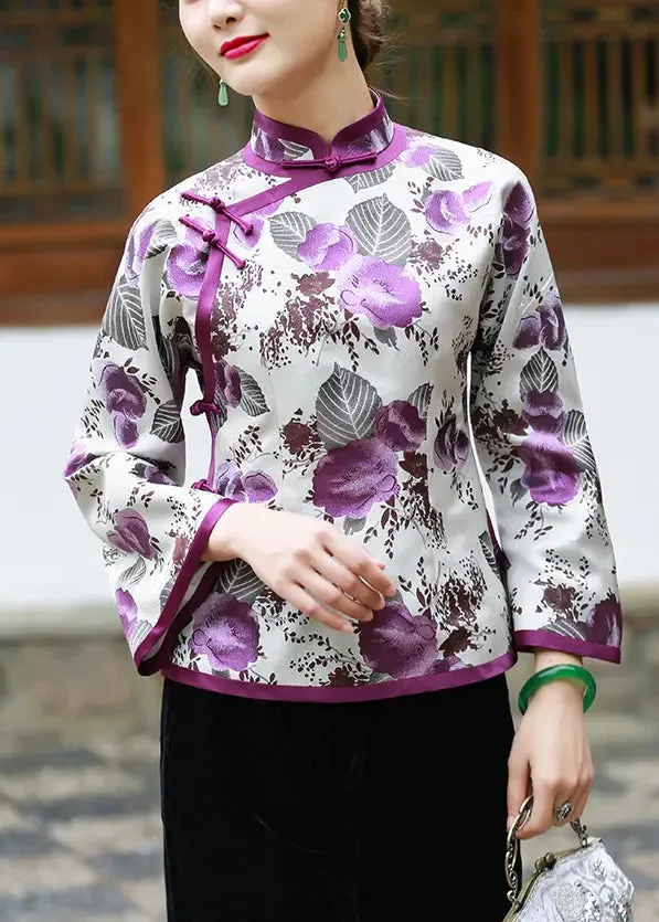 Print Button Silk Blouses Flare Sleeve