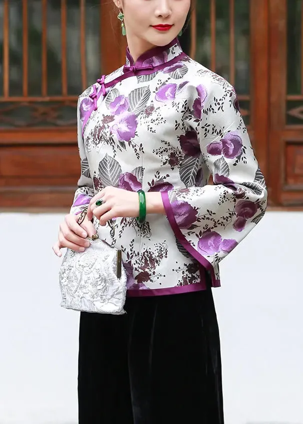 Print Button Silk Blouses Flare Sleeve