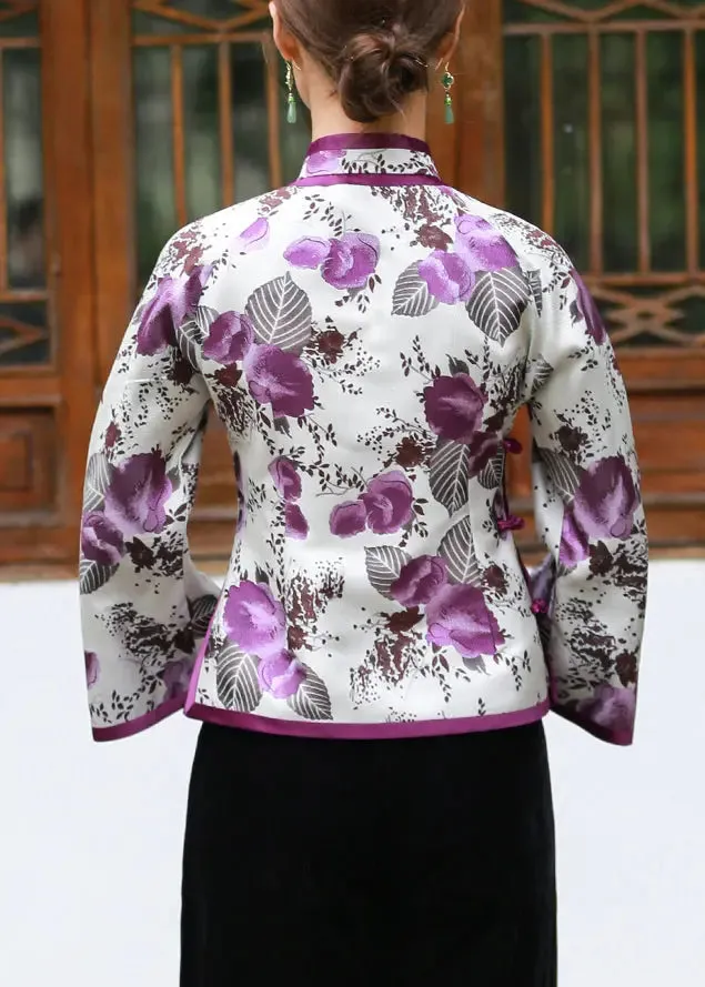 Print Button Silk Blouses Flare Sleeve