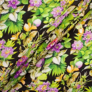 Purple & Green Floral Printed Black Silk Crêpe de Chine