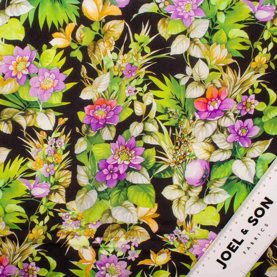 Purple & Green Floral Printed Black Silk Crêpe de Chine