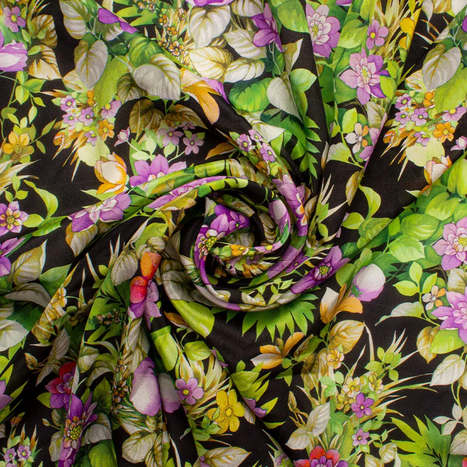 Purple & Green Floral Printed Black Silk Crêpe de Chine