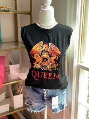 Queen sleeveless black graphic tee