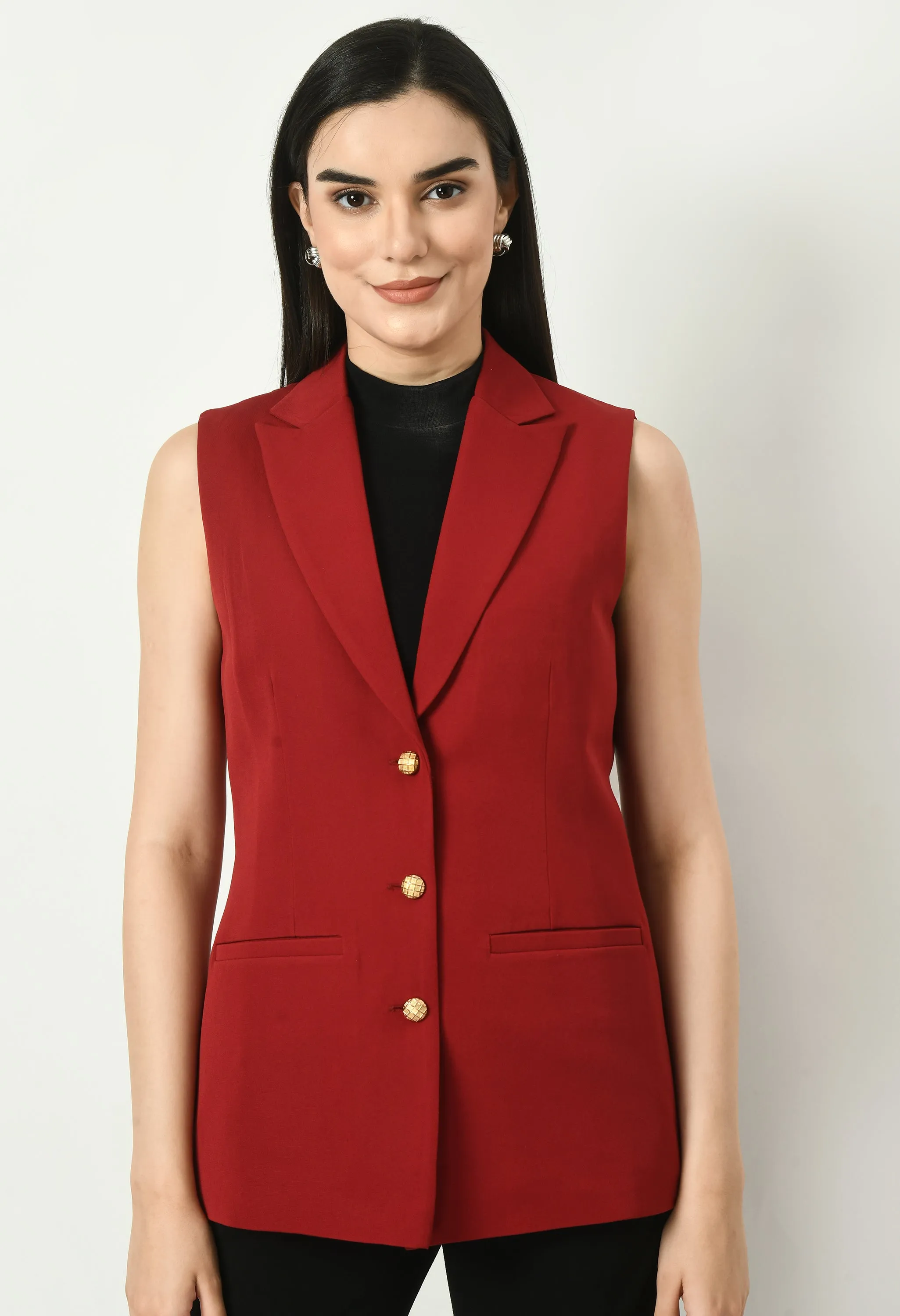 Red Cotton Blend Meridian Sleeveless Long Blazer