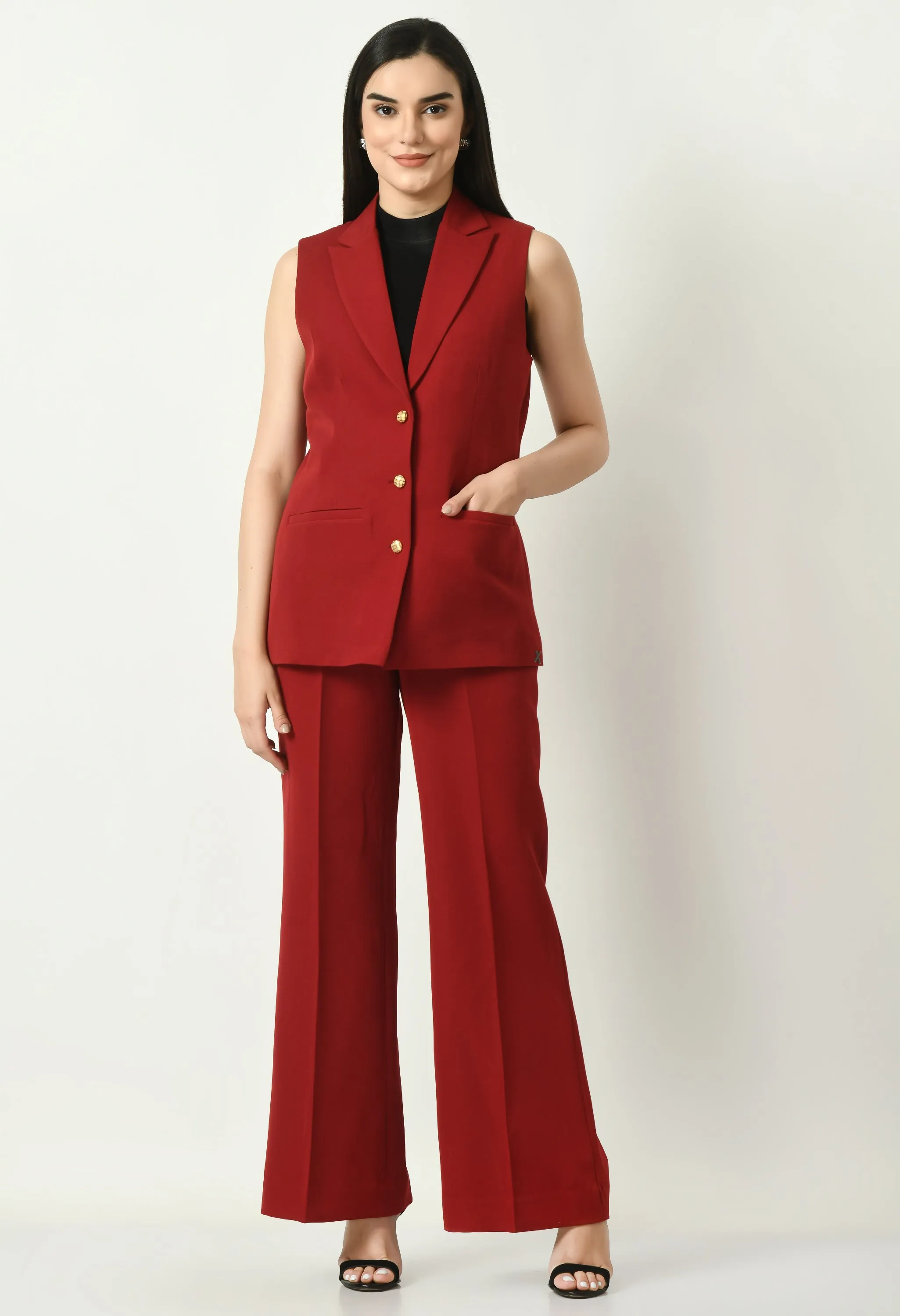 Red Cotton Blend Meridian Sleeveless Long Blazer