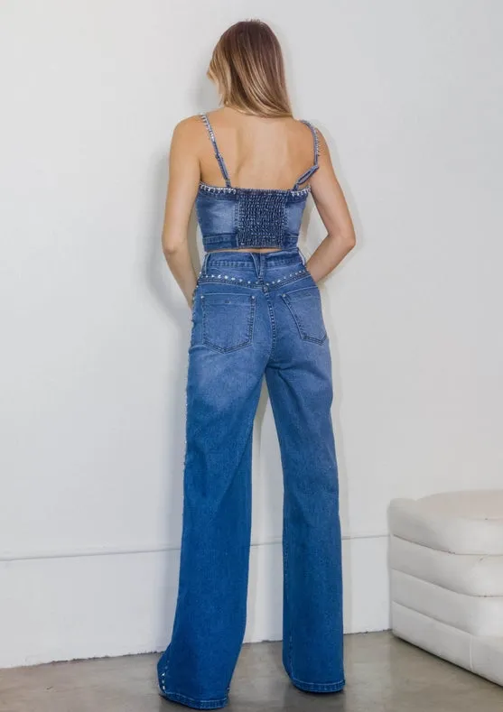 Rhinestone High-Rise Wide Leg Jeans