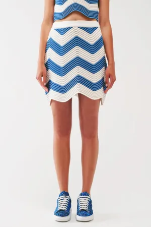 Ribbed Knitted Mini Skirt In White And Blue