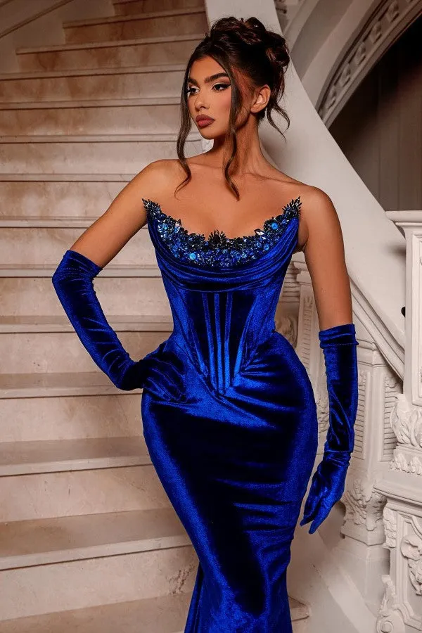 Royal Blue Long Velvet Beading Sleeveless Mermaid Prom Dresses