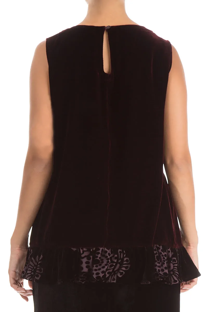 Ruffled Devoré Hem Burgundy Silk Velvet Blouse