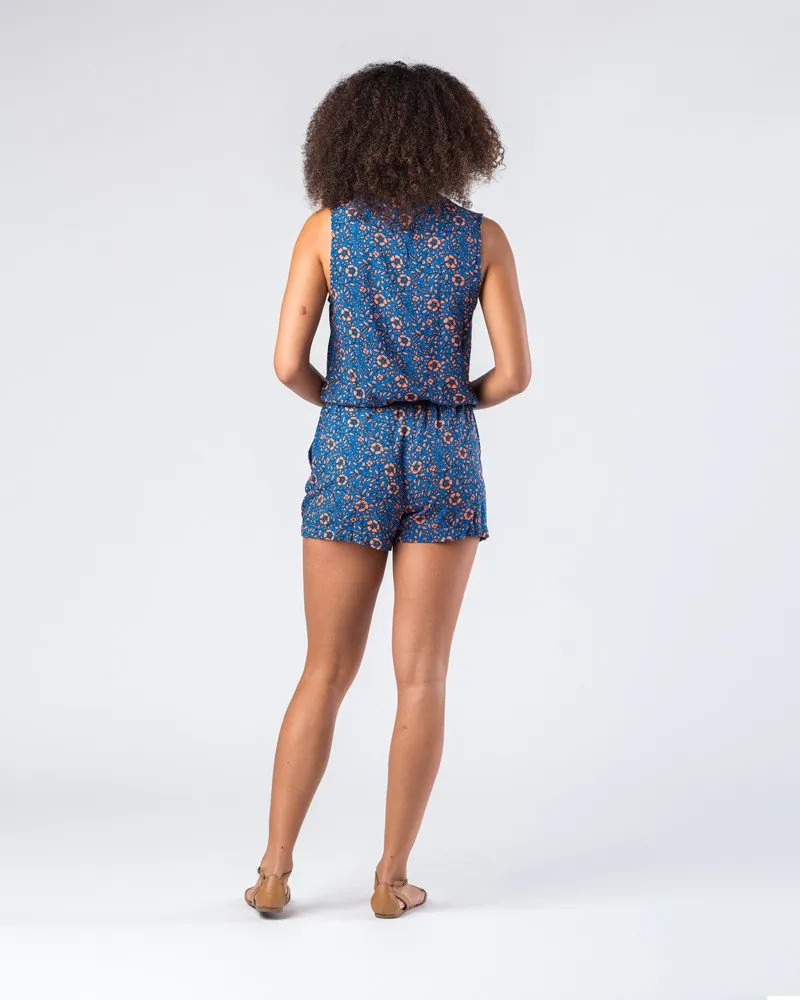 Splendid | Blue Floral V-Neck Cross-Front Sleeveless Romper