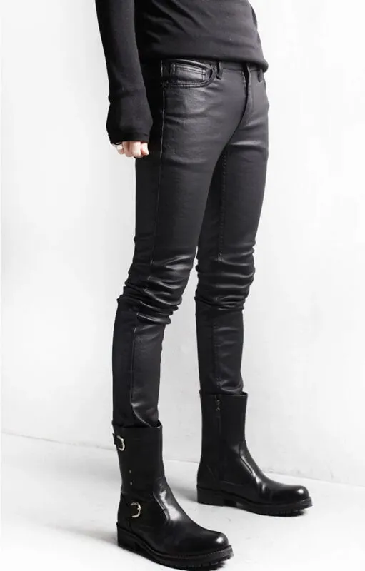 Street Style Black Leather Motorcycle Pants for Men