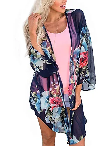 sumtaplor Women's Floral Kimono Cardigans Chiffon Casual Loose Open Front Cover Ups Tops Deep Pink S