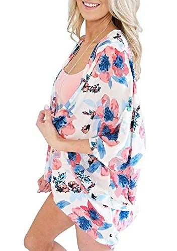 sumtaplor Women's Floral Kimono Cardigans Chiffon Casual Loose Open Front Cover Ups Tops Deep Pink S