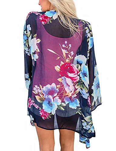 sumtaplor Women's Floral Kimono Cardigans Chiffon Casual Loose Open Front Cover Ups Tops Deep Pink S