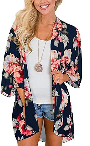 sumtaplor Women's Floral Kimono Cardigans Chiffon Casual Loose Open Front Cover Ups Tops Deep Pink S