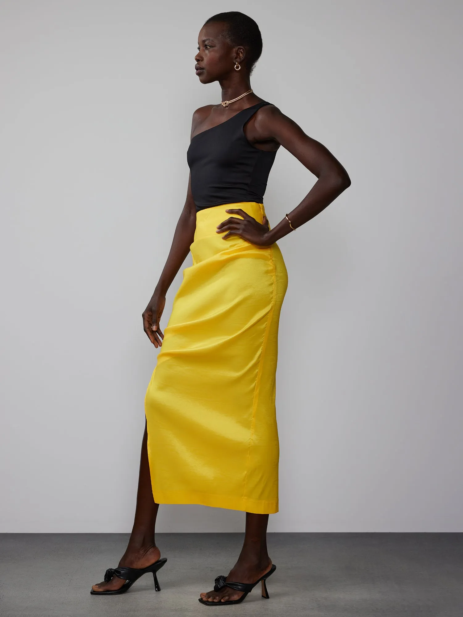 Taffeta Pleated Maxi Column Skirt