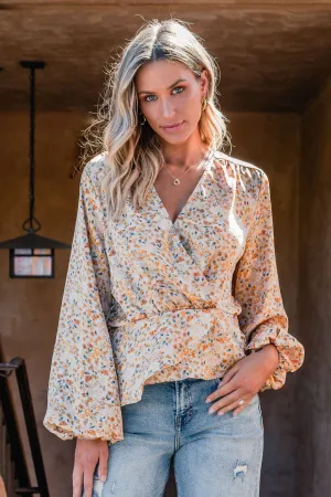 Taupe Floral Print Surplice Top