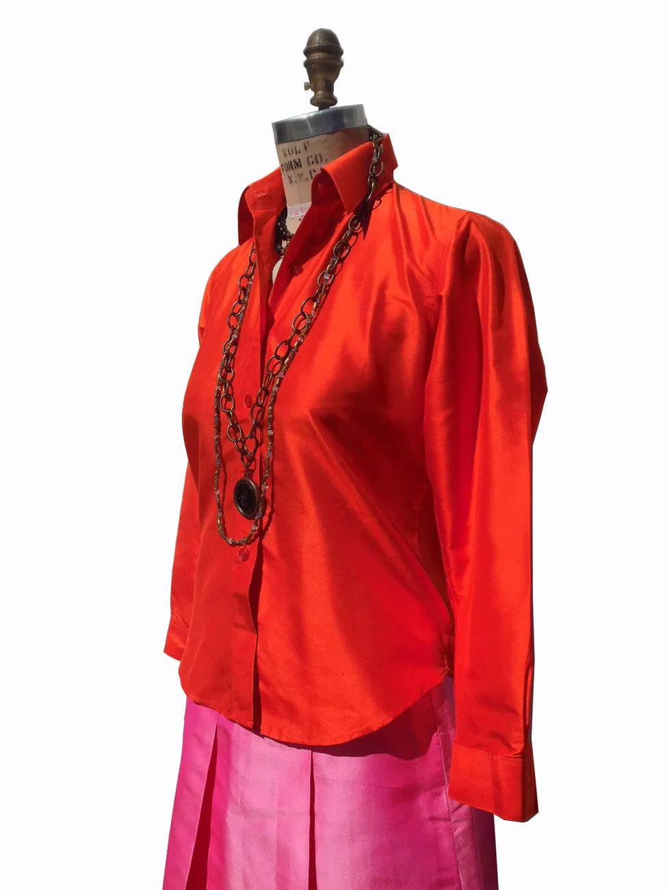 Thai Silk Button Down Shirt Hot Orange