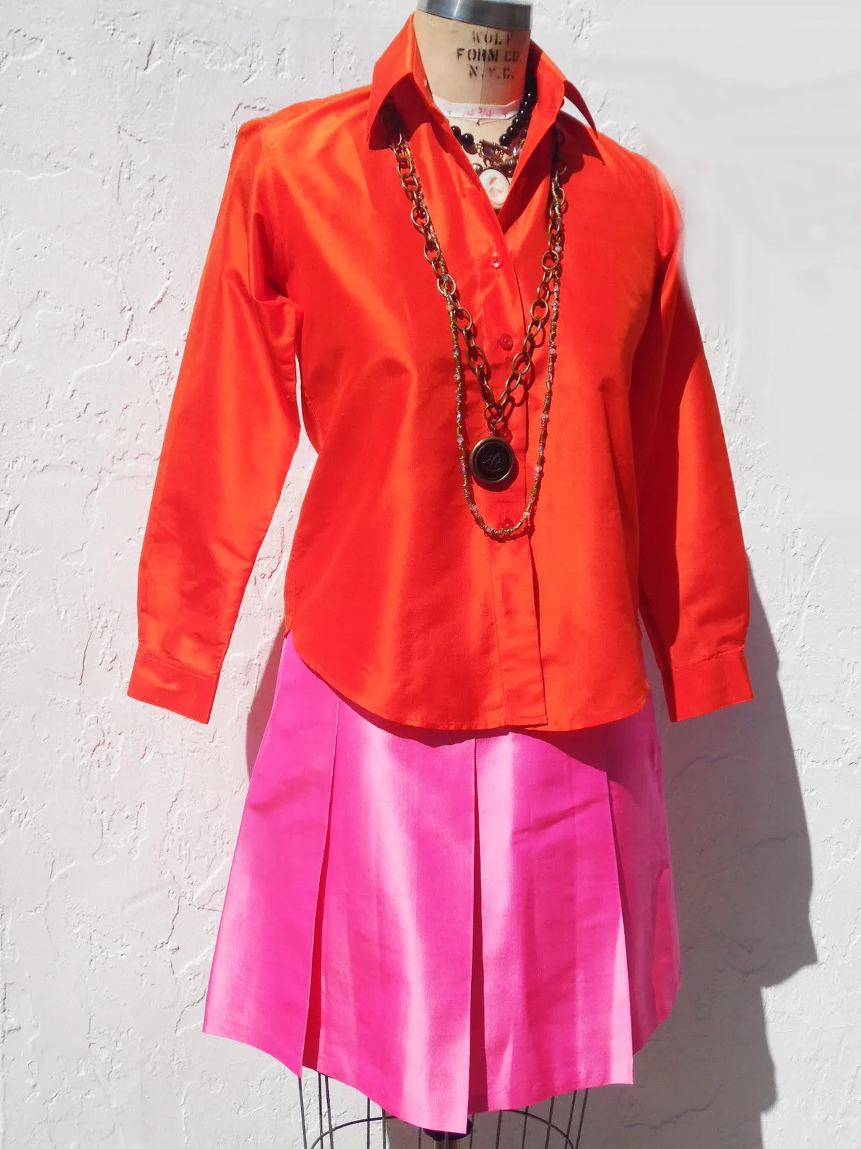 Thai Silk Button Down Shirt Hot Orange