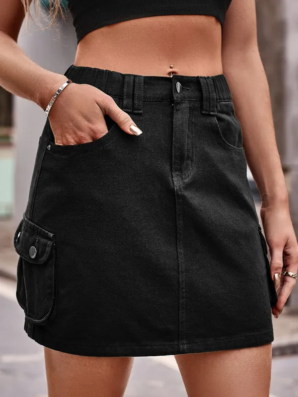 Trendy & Practical: Cargo Denim Mini Skirt - Flap Pockets